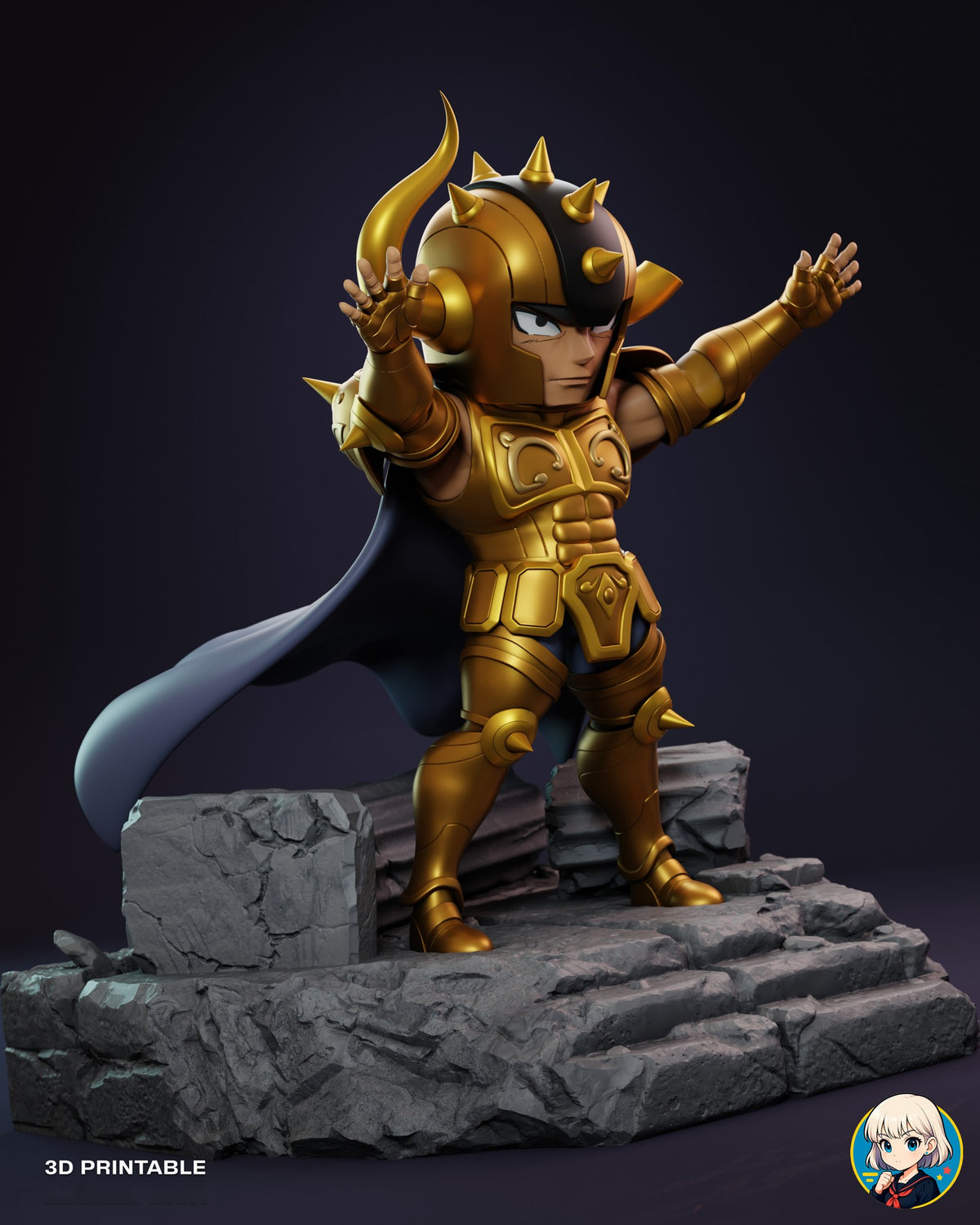 Sculptor's render (kit ships unpainted): three-quarter view from his right, with the long gold horn curling up and the broken stone block beside him