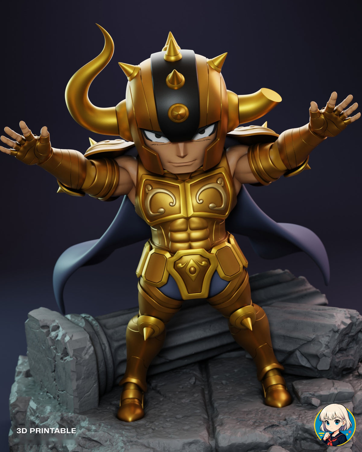 Sculptor's render (kit ships unpainted): high front view looking down on the spiked helmet, the broken horn and the stone slabs under his boots