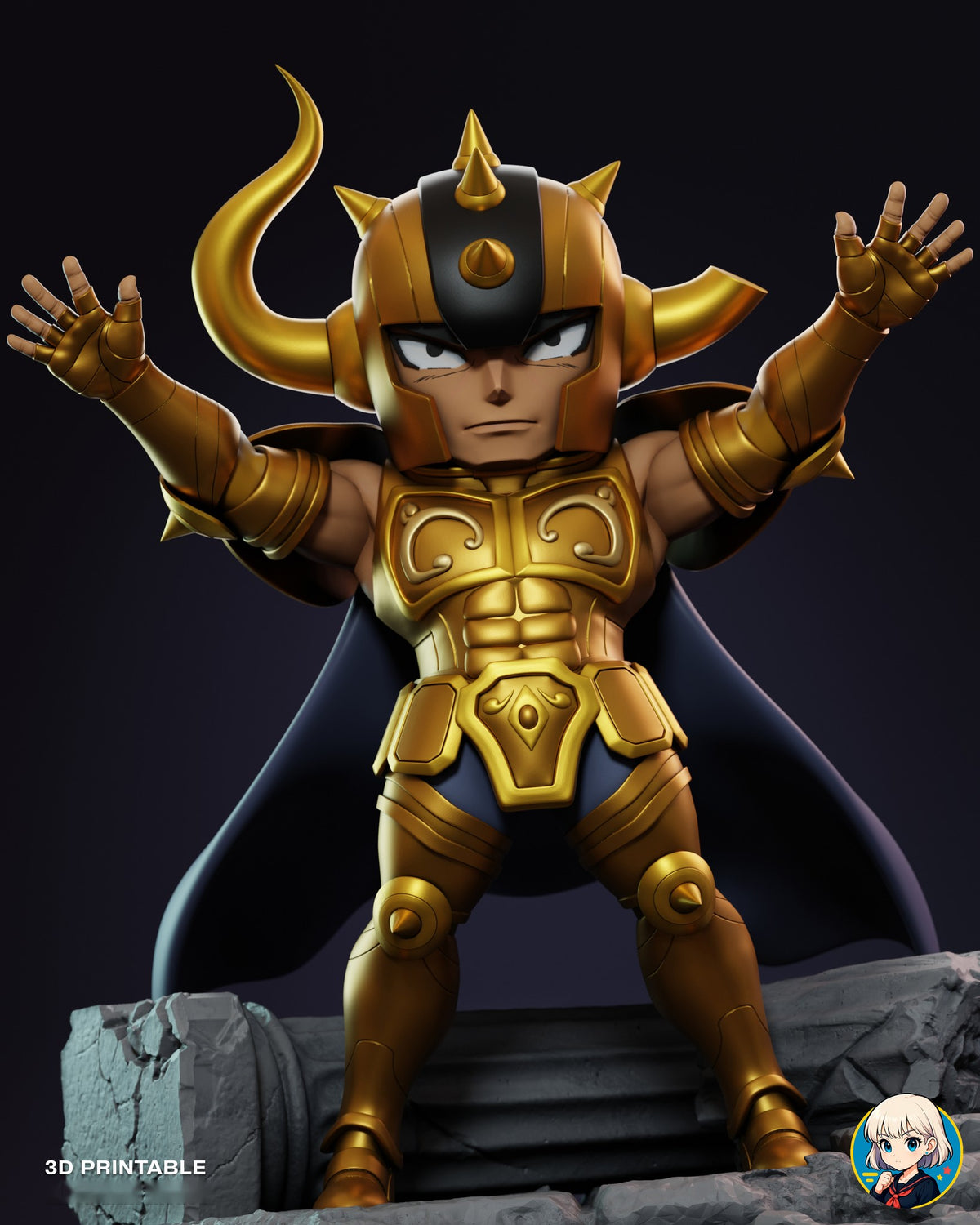 Sculptor's render (kit ships unpainted): low front view on a plain dark backdrop, arms raised and cape spread behind him