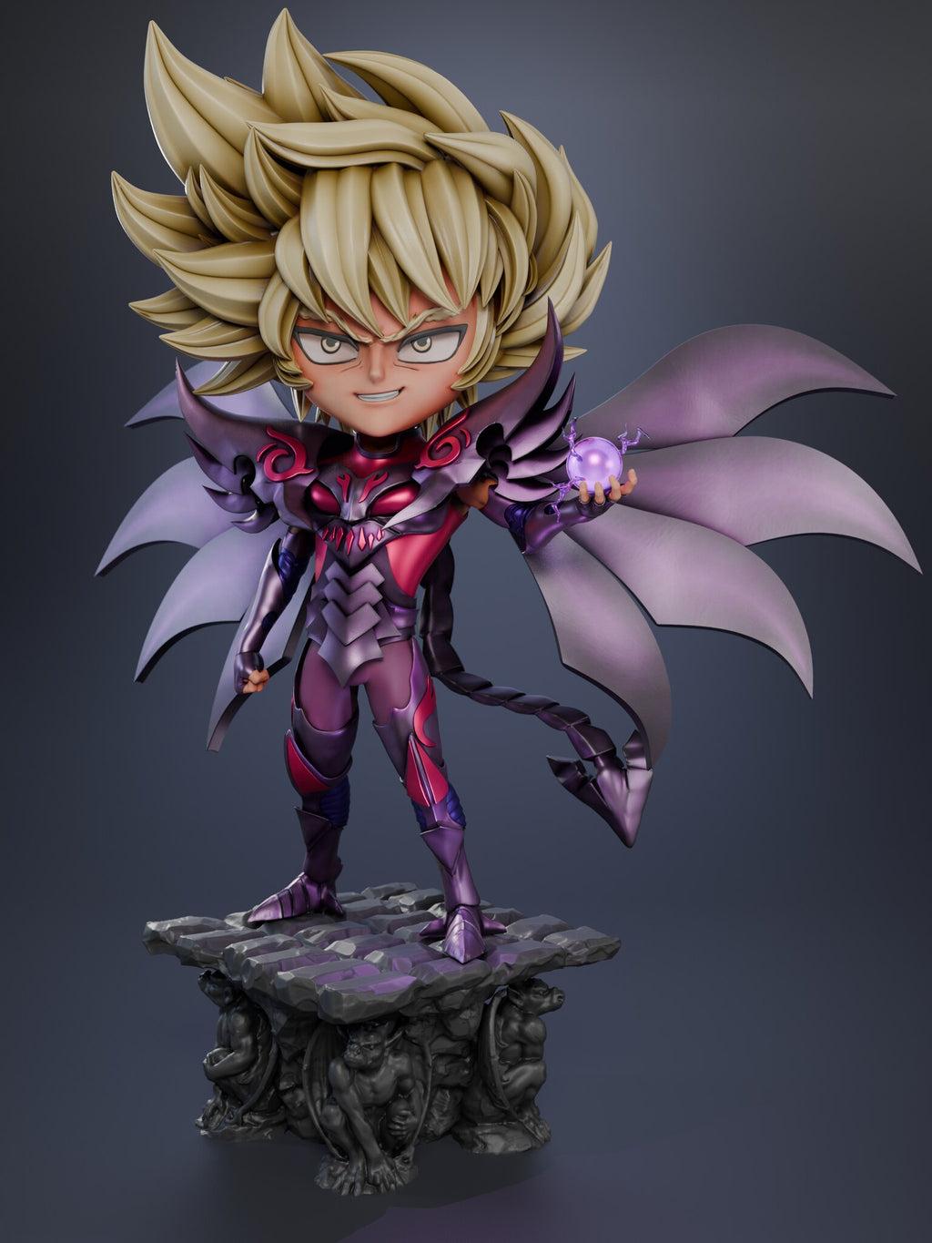 Sculptor's render of the painted design (kit ships unpainted): front view with the bare head and spiky blond hair, lilac wings spread and a violet orb in one open hand, on the gargoyle plinth