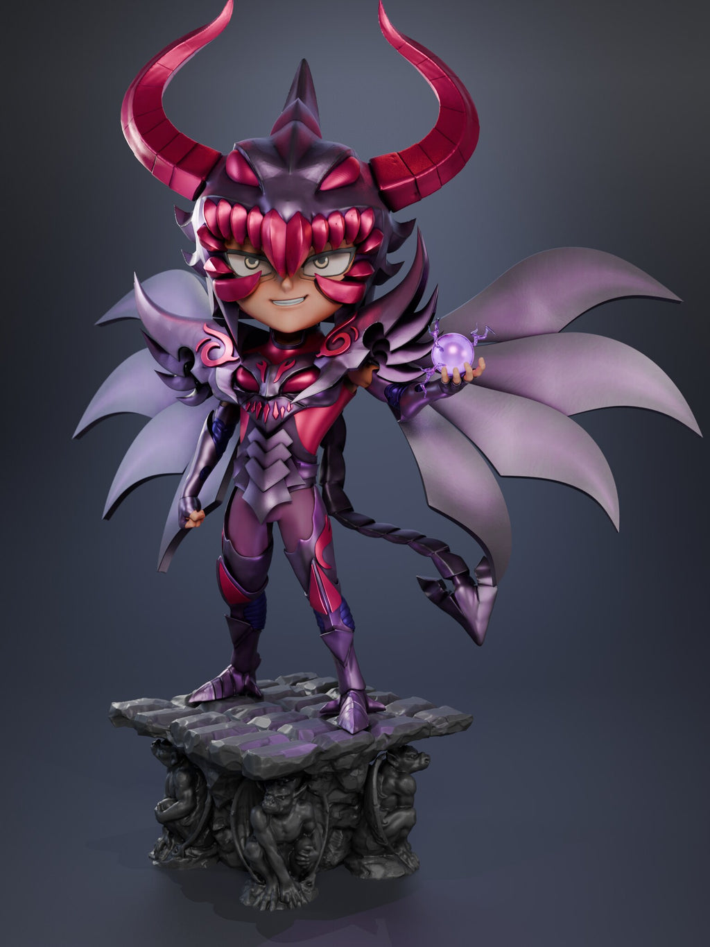 Sculptor's render (kit ships unpainted): the same view with the horned helmet, its crimson horns, fang fringe and cheek claws