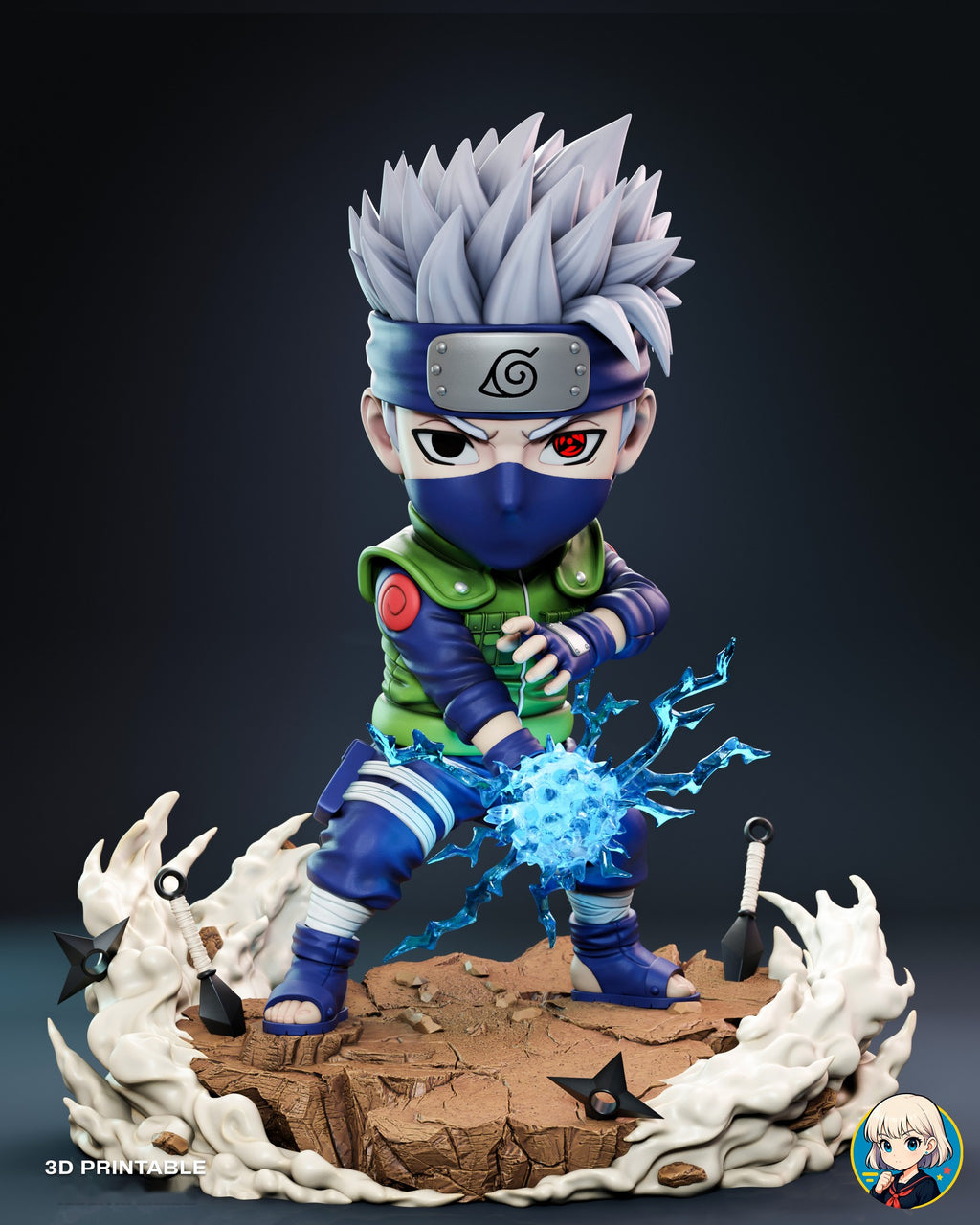 Sculptor's render of the painted design (kit ships unpainted): front view of the whole scene, the masked ninja crouched over a lightning ball on the cracked rock base with smoke waves, kunai and throwing stars