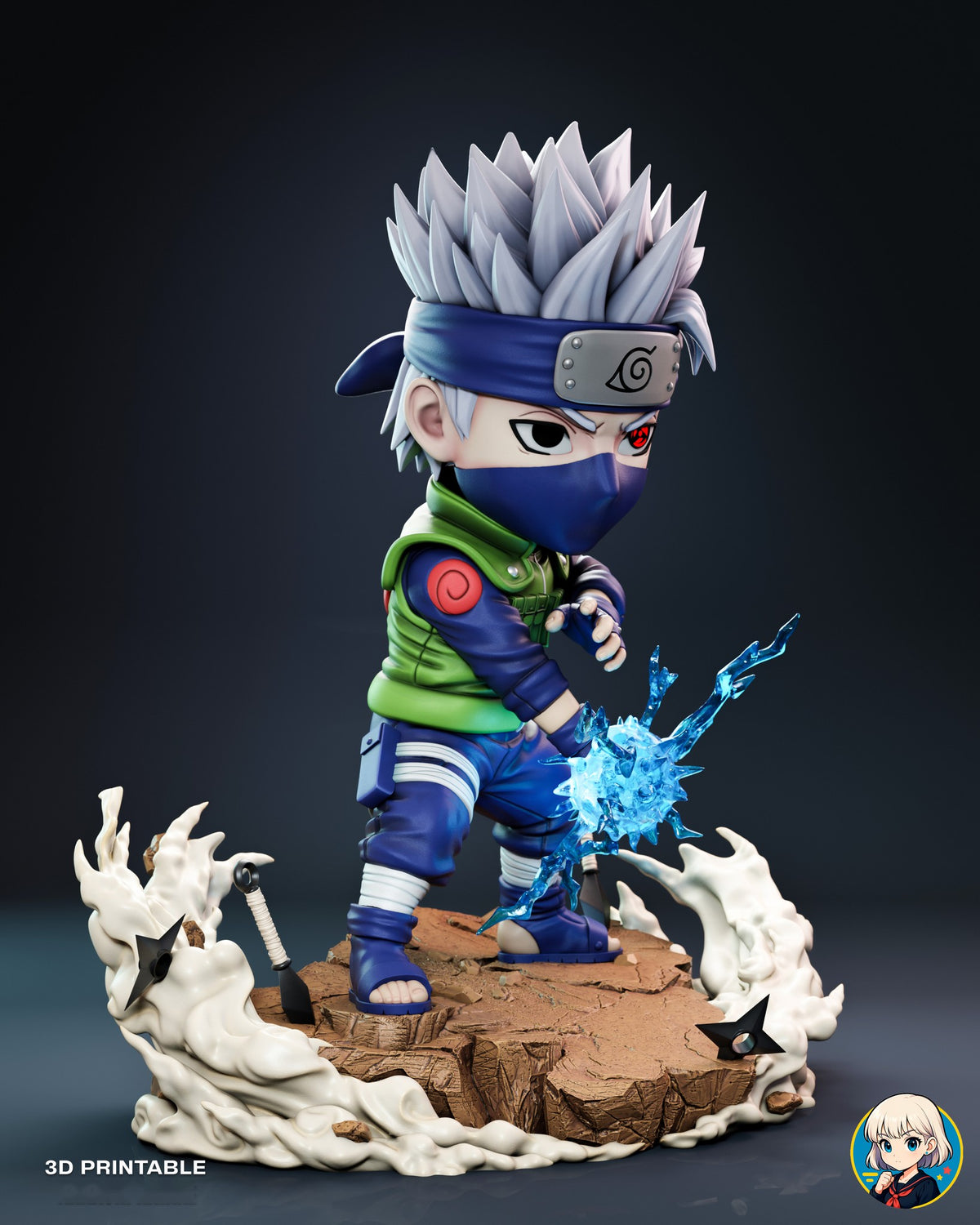 Sculptor's render (kit ships unpainted): three-quarter view from his right, with a throwing star and kunai stuck in the ground