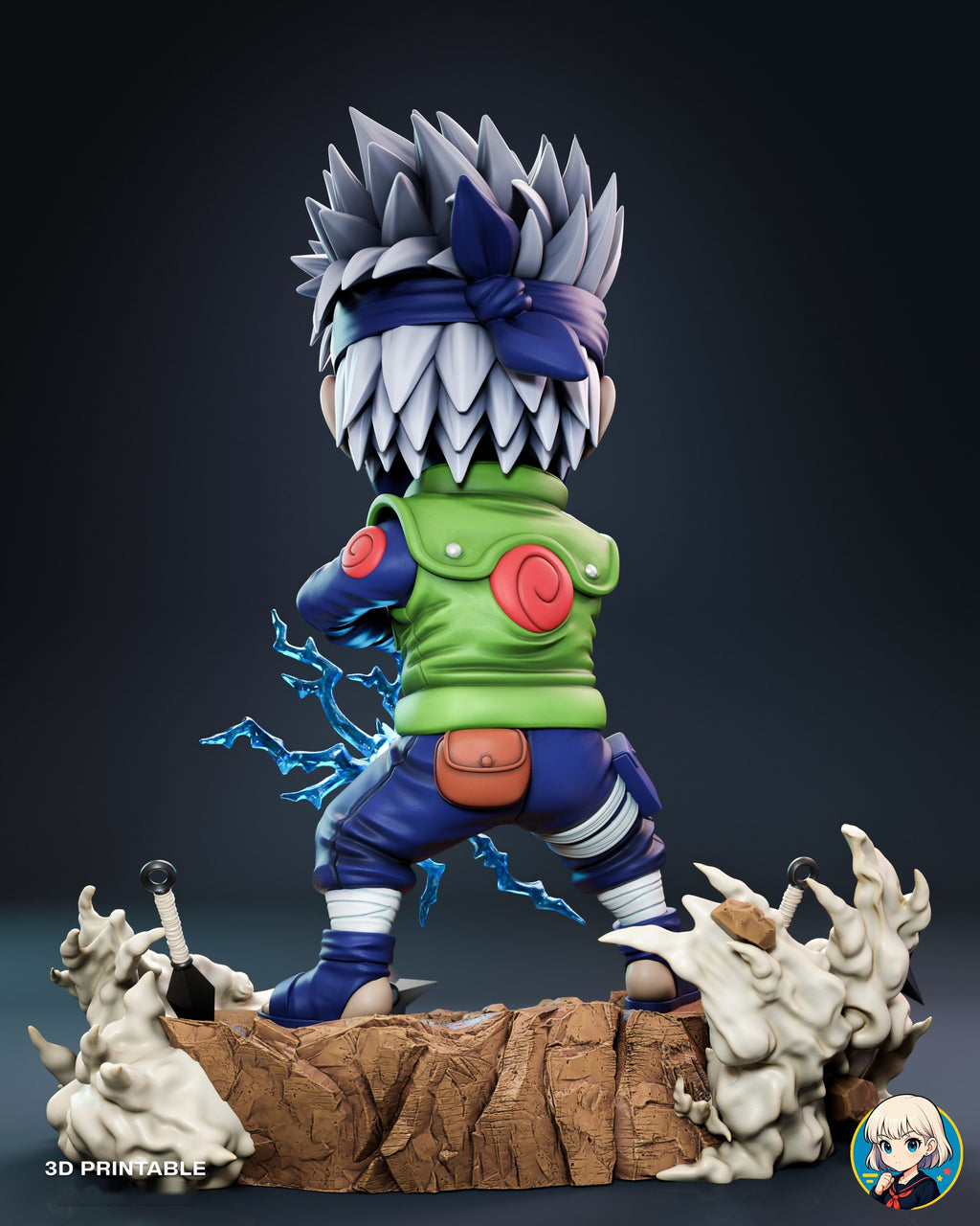 Sculptor's render (kit ships unpainted): back view with the red spiral on the vest, the headband knot and the cliff-like back of the rock