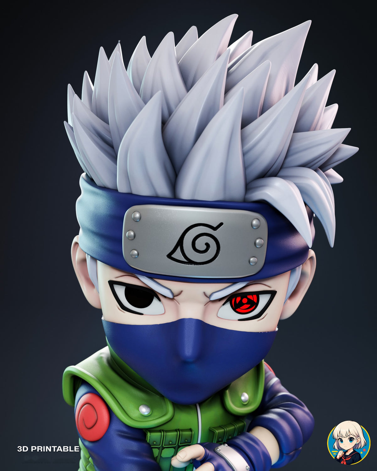 Sculptor's render (kit ships unpainted): close-up of the face with the riveted headband plate, one dark eye and one red eye above the navy mask