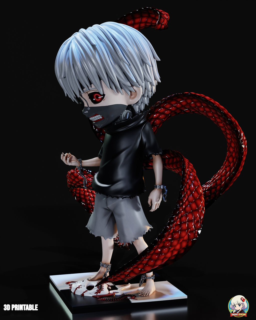 Sculptor's render (kit ships unpainted): three-quarter view from his front left with the red eye above the black mask, the pliers and the bloodied hockey-style mask at his feet