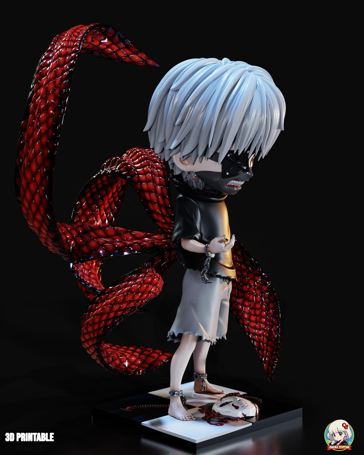 Sculptor's render (kit ships unpainted): view from his right side showing the stitched panel over one eye and the tentacles fanning out behind him