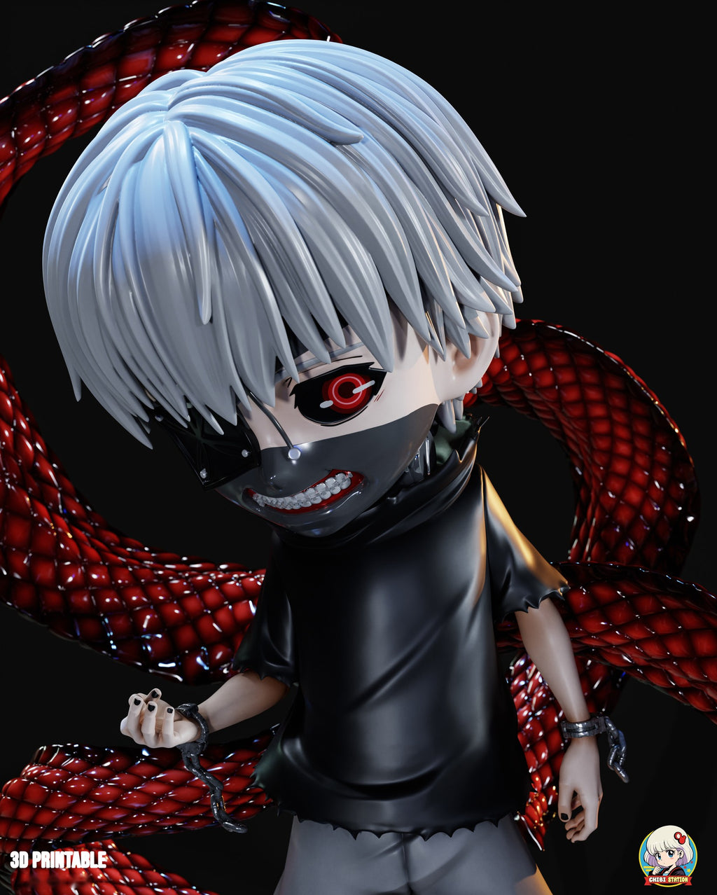 Sculptor's render (kit ships unpainted): close-up of the face with the red ringed eye, white bangs and the toothed black mask