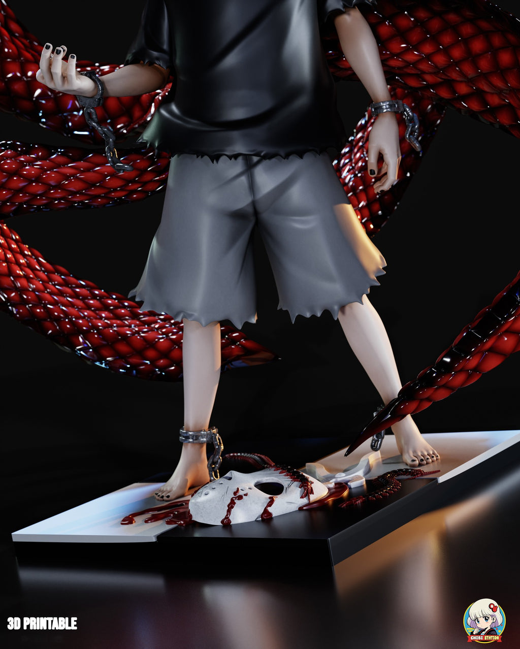 Sculptor's render (kit ships unpainted): close view of the shorts, the bare feet in shackles and the bloodied hockey-style mask on the tiles