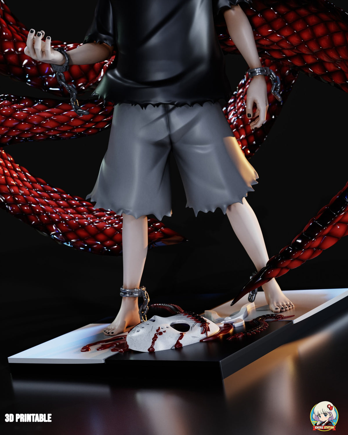 Sculptor's render (kit ships unpainted): close view of the shorts, the bare feet in shackles and the bloodied hockey-style mask on the tiles