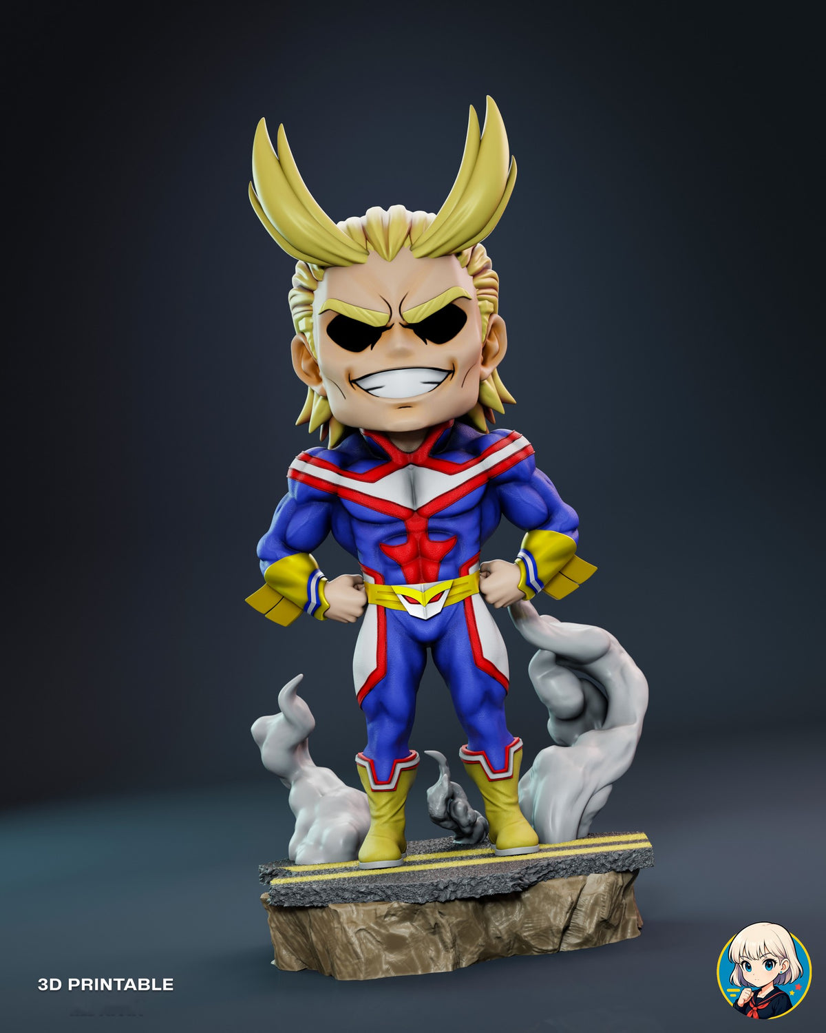 Sculptor's render of the painted design (kit ships unpainted): full front view of the grinning muscle hero, fists on hips, on the cracked road base with smoke rising around his boots