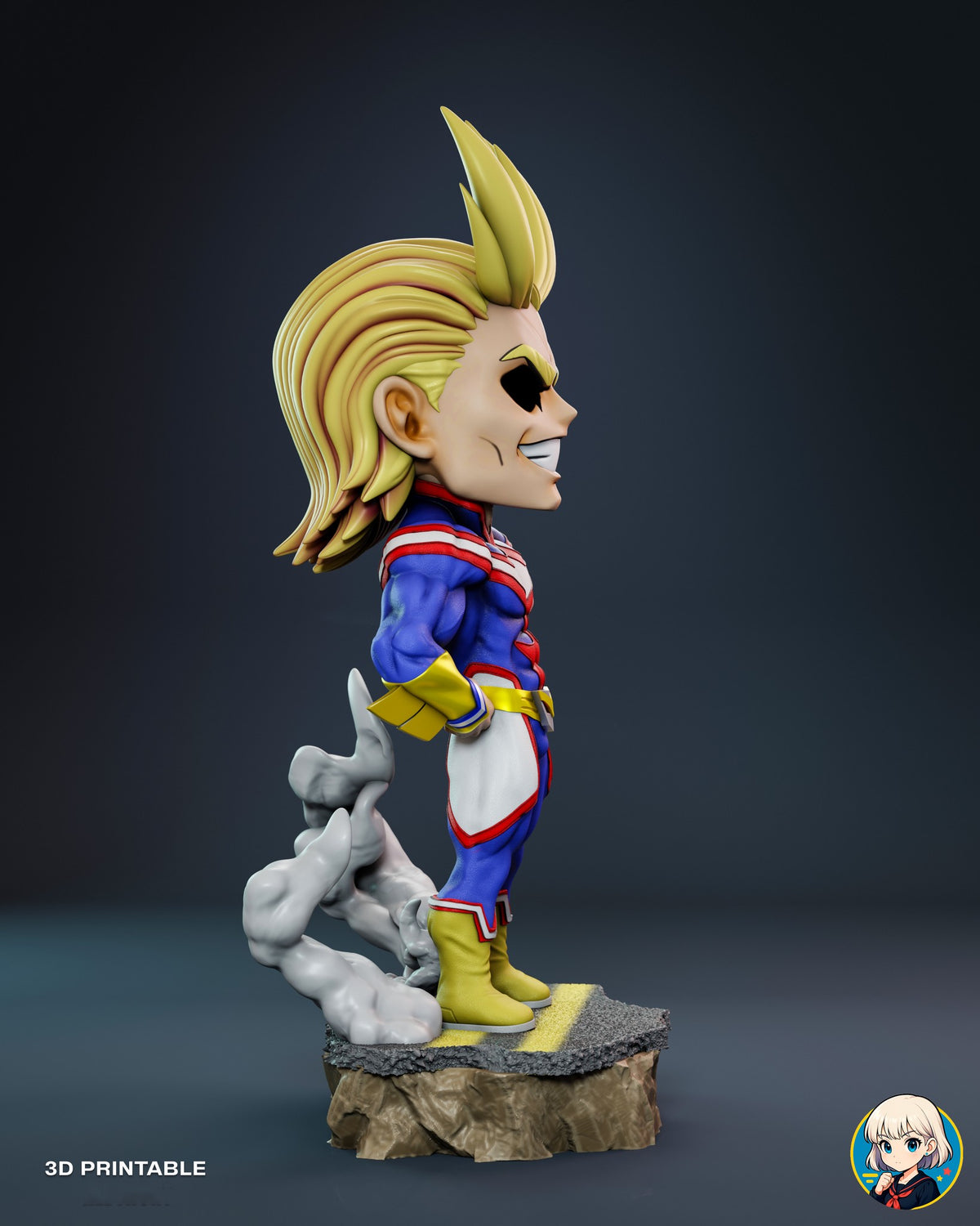 Sculptor's render (kit ships unpainted): side profile with the swept-back blond hair, the fist on the hip and the yellow boots