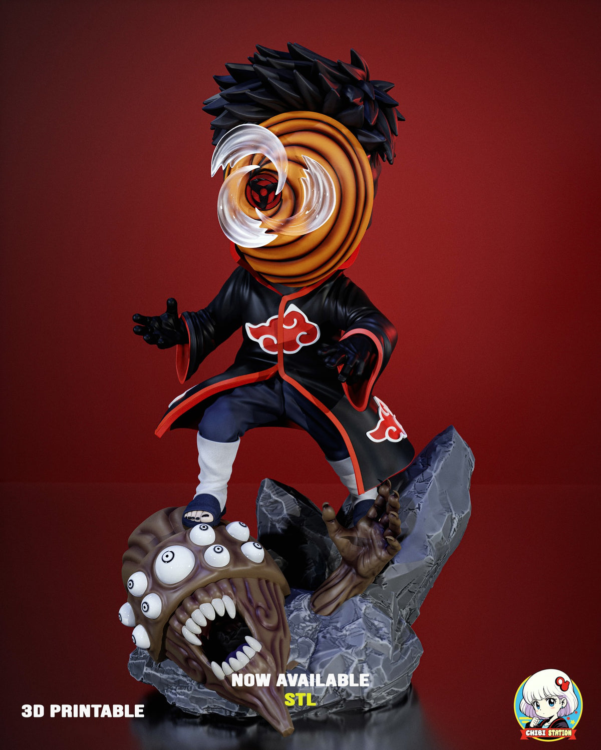 Sculptor's render of the painted design (kit ships unpainted): front view of the chibi spiral-masked ninja in a black red-cloud cloak, crouched on gray rocks with one foot on a many-eyed brown creature head