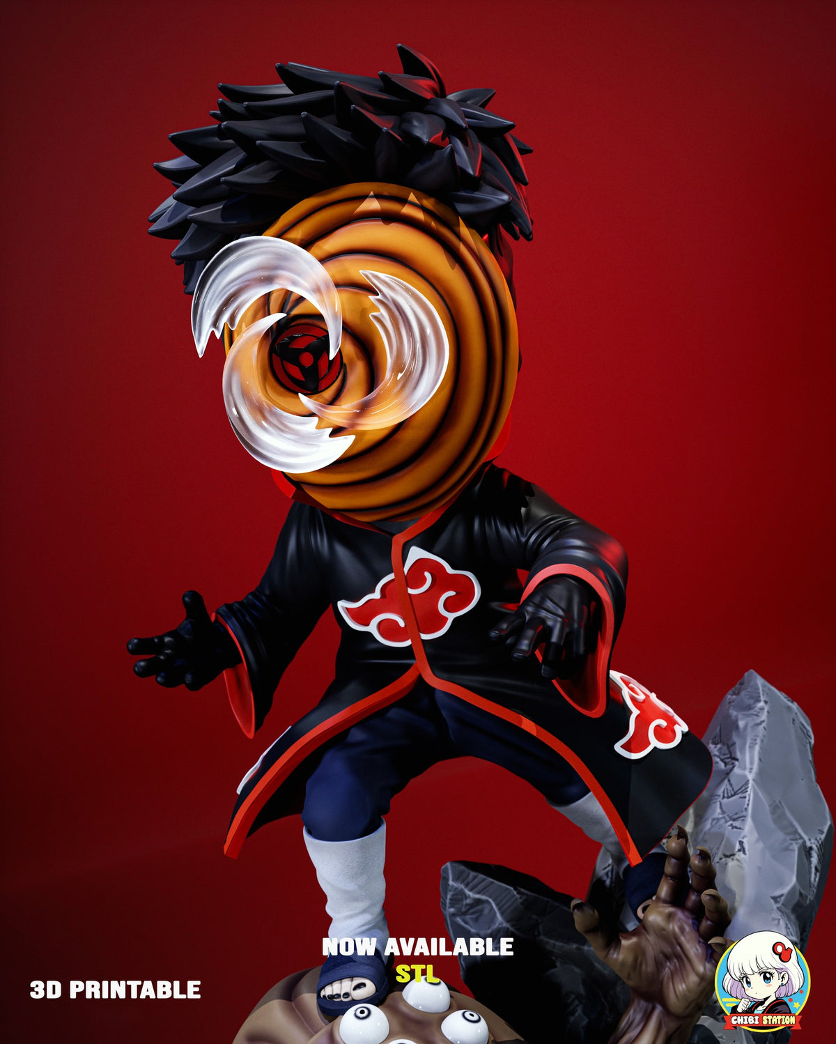 Sculptor's render (kit ships unpainted): closer view of the orange spiral mask with its red eye and clear swirl blades, arms spread in the cloak