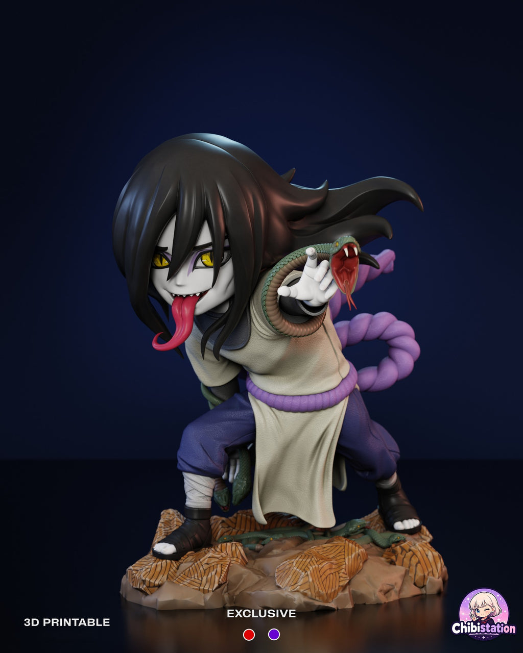 Sculptor's render of the painted design (kit ships unpainted): front view of the chibi pale snake sorcerer crouching on a rocky base, tongue out, with a snake coiled around his outstretched arm