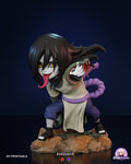 Sculptor's render of the painted design (kit ships unpainted): front view of the chibi pale snake sorcerer crouching on a rocky base, tongue out, with a snake coiled around his outstretched arm