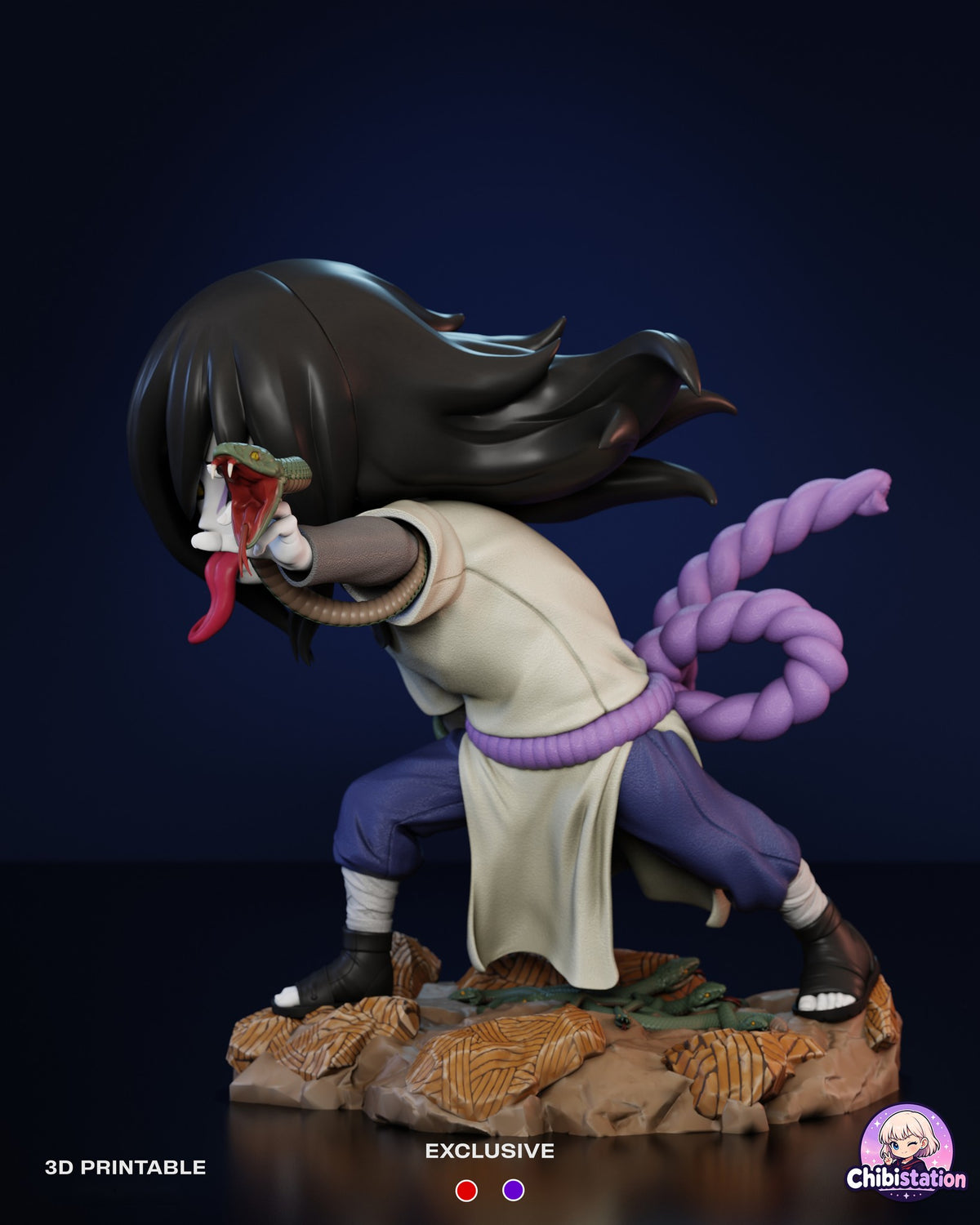 Sculptor's render (kit ships unpainted): side view leaning forward with the snake held up in front of his face and the purple rope bow behind