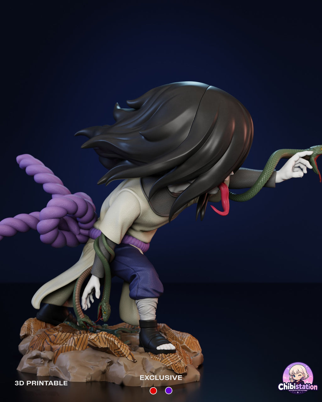 Sculptor's render (kit ships unpainted): rear three-quarter view with two snakes winding down his hanging arm to the rocks