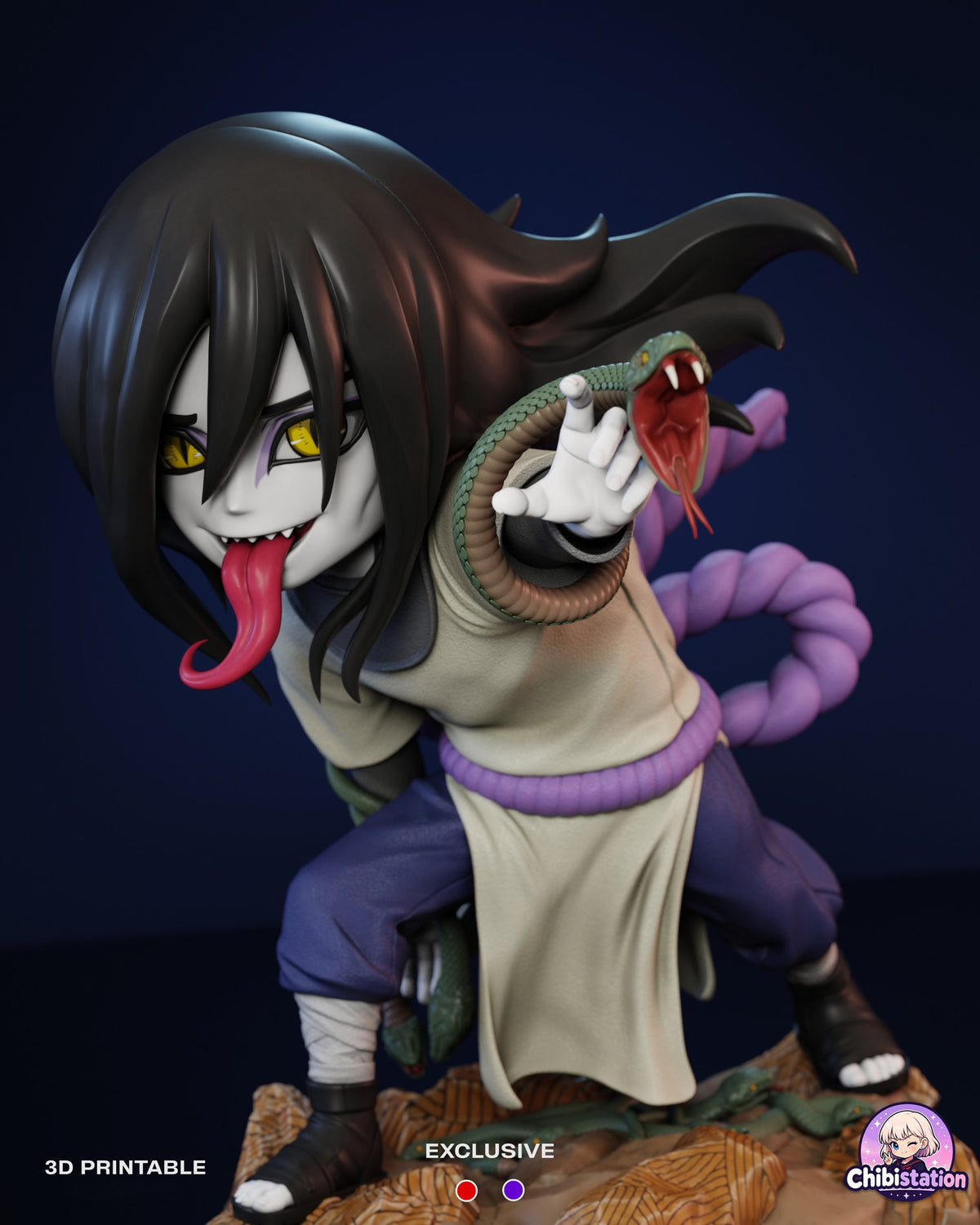Sculptor's render (kit ships unpainted): close front view from above with the grin, tongue and the snake's open mouth