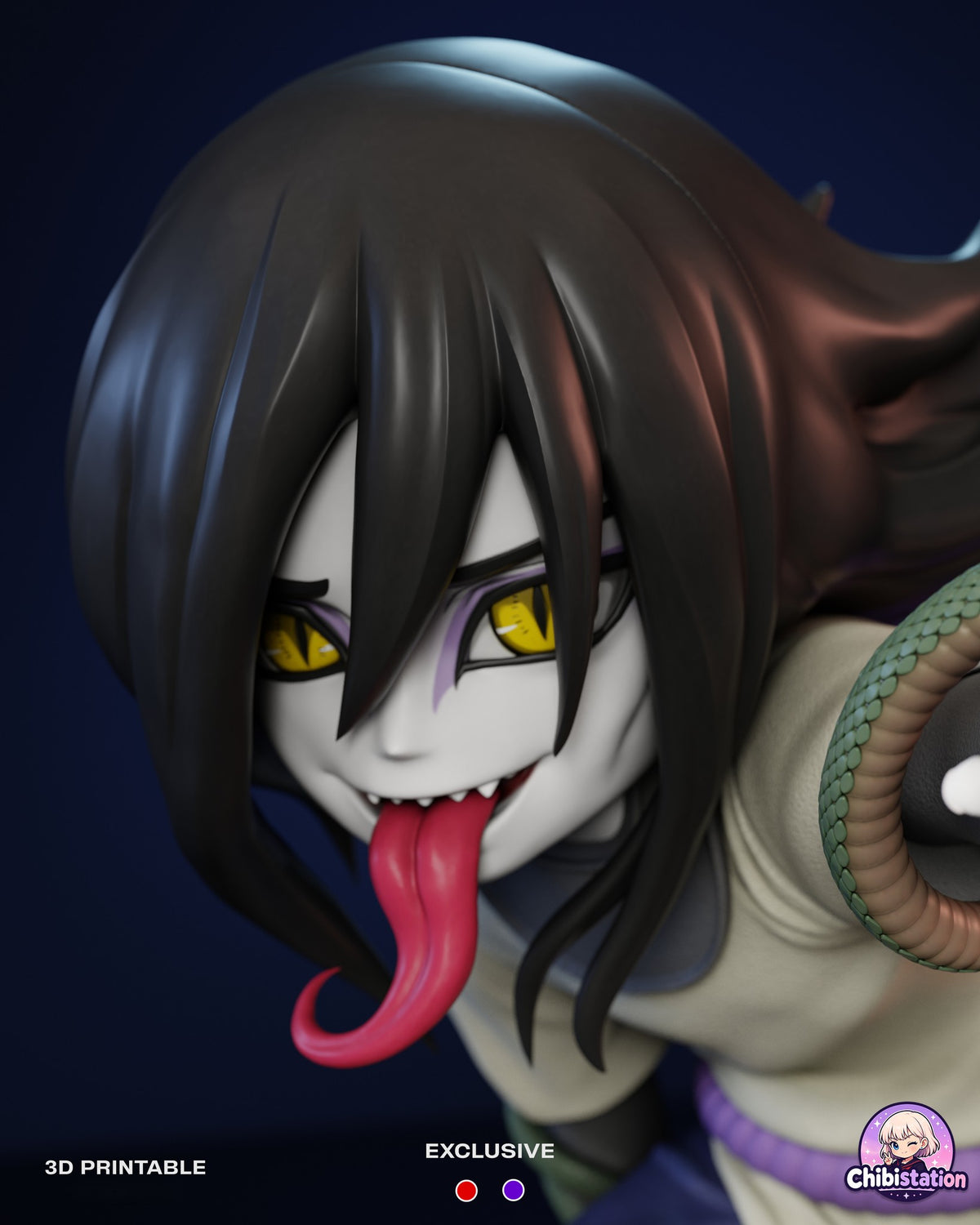 Sculptor's render (kit ships unpainted): close-up of the pale face with yellow slit-pupil eyes, lilac markings and the long red tongue
