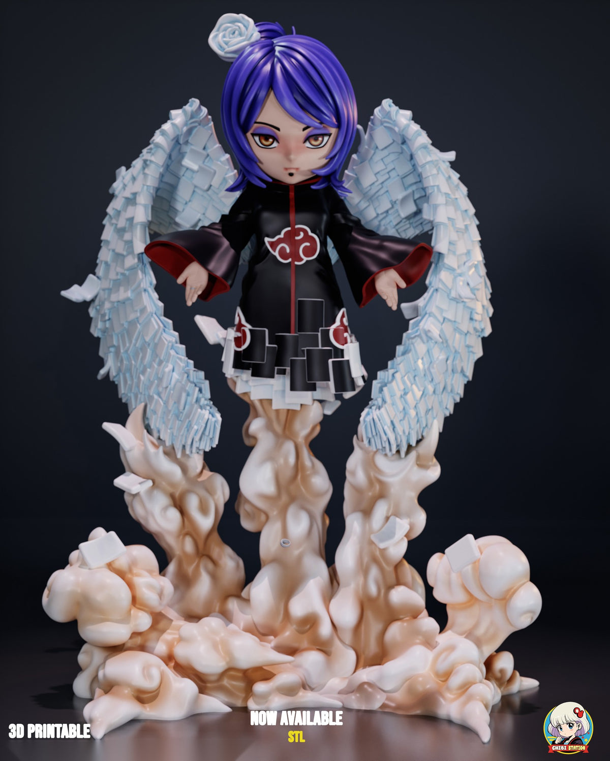 Sculptor's render of the painted design (kit ships unpainted): front view of the whole figure rising from three columns of cream and tan smoke, with the white paper-sheet wings spread around her