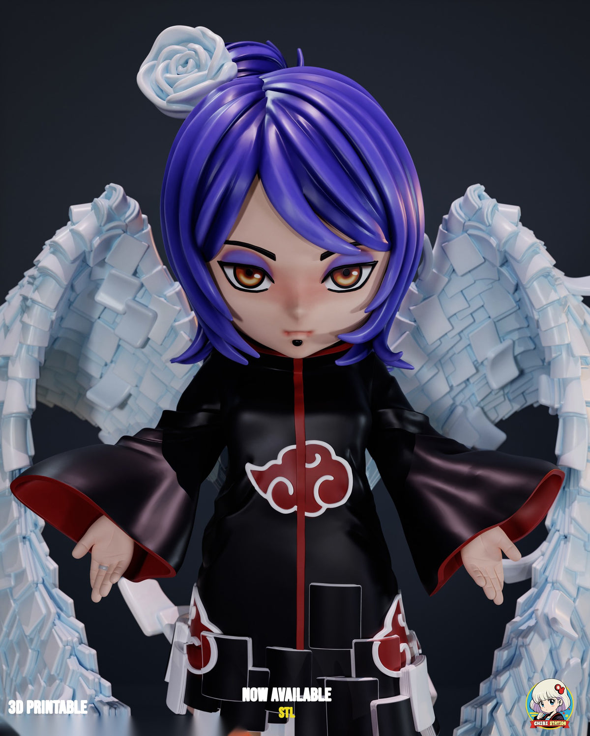 Sculptor's render (kit ships unpainted): close view from the hem up, showing the face with amber eyes, the paper rose on her bun, the red-lined bell sleeves and the paper-square hem