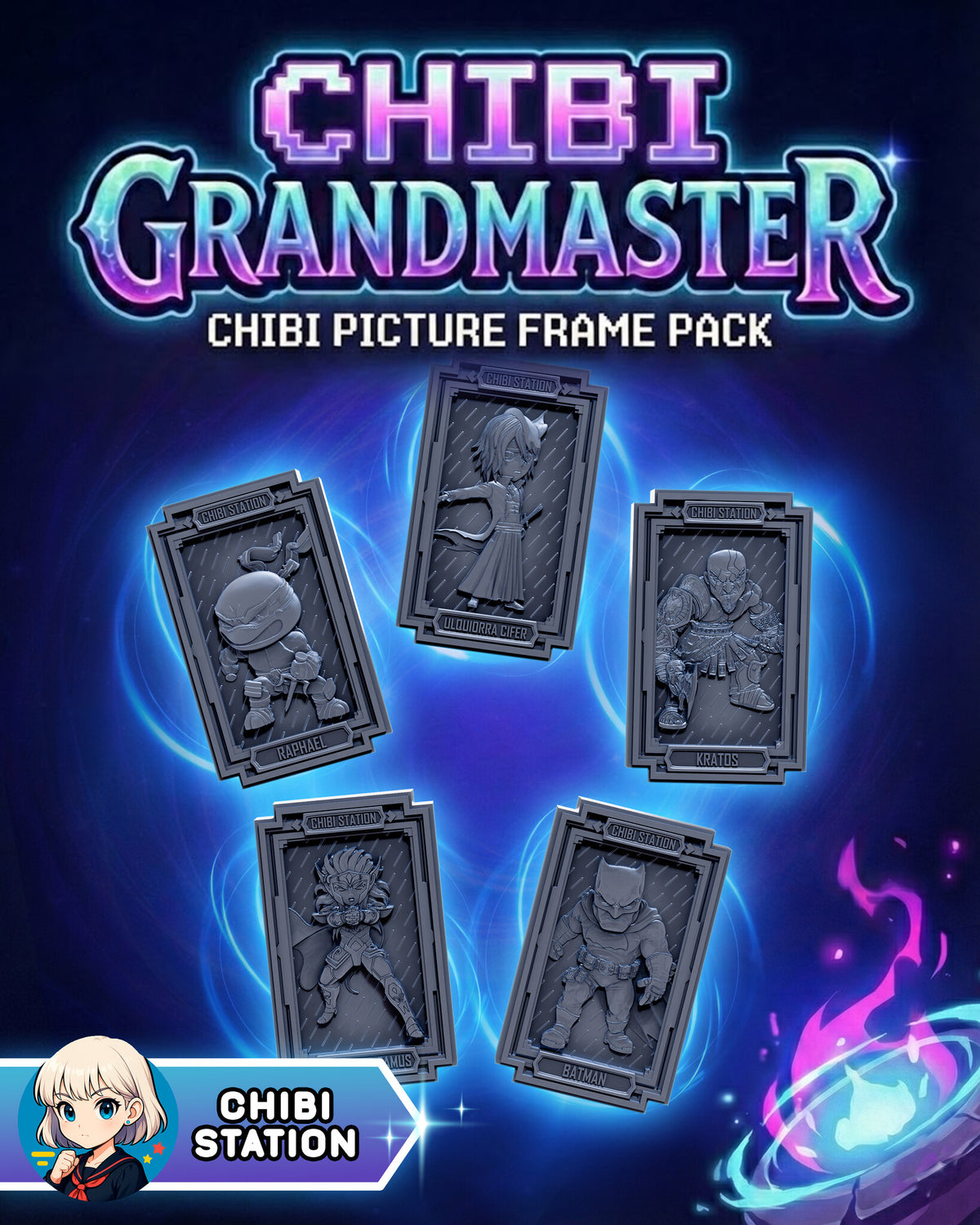 Sculptor's render (kit ships unpainted): all five chibi relief plaques in their frames under the studio's pack title card