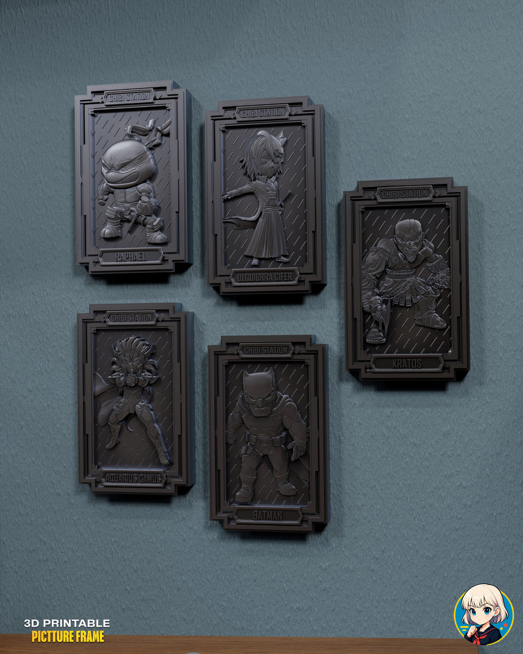 Sculptor's render (kit ships unpainted): all five framed plaques hung on a teal wall in two staggered rows