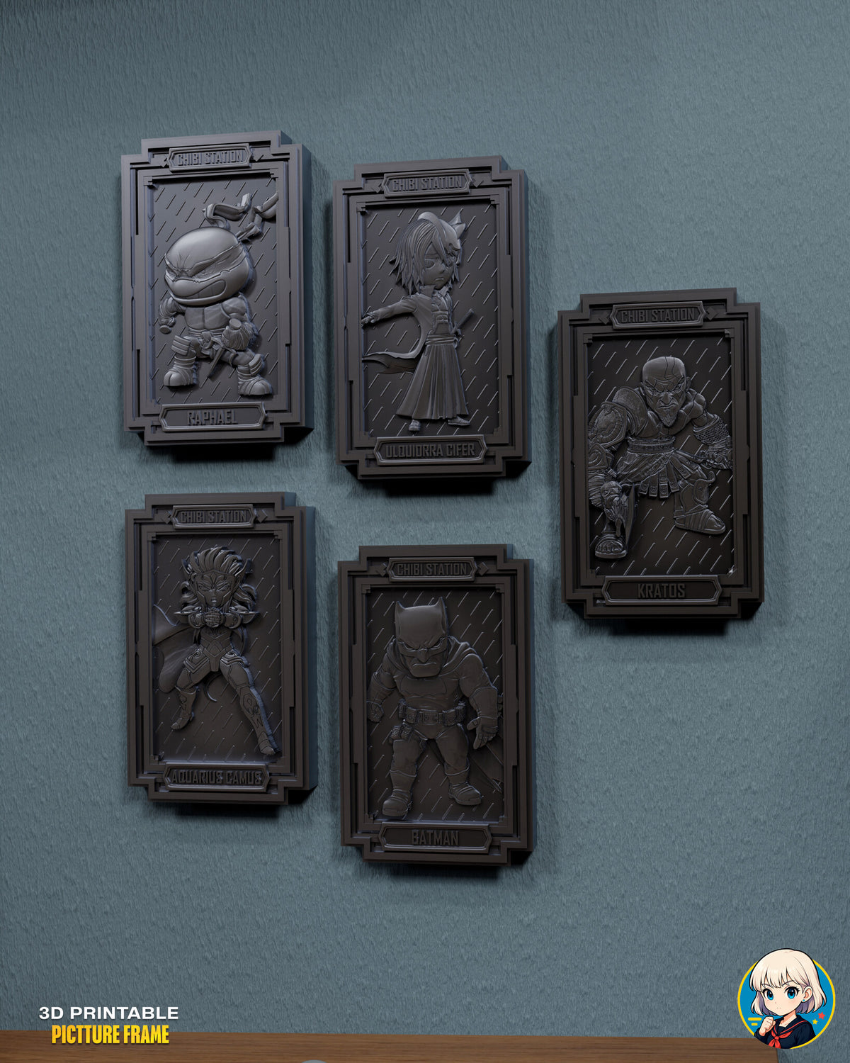 Sculptor's render (kit ships unpainted): all five framed plaques hung on a teal wall in two staggered rows