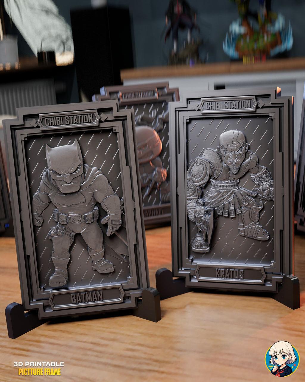 Sculptor's render (kit ships unpainted): the caped vigilante and the bald scarred warrior plaques standing on their black stands on a wooden table