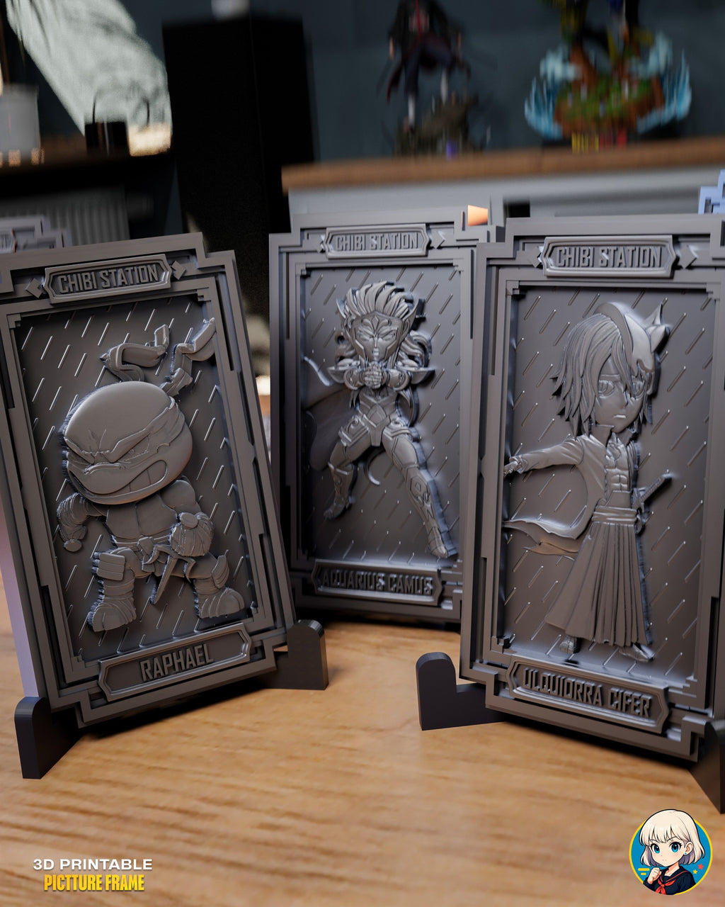 Sculptor's render (kit ships unpainted): the masked turtle, the armored warrior and the pale swordsman plaques on their stands