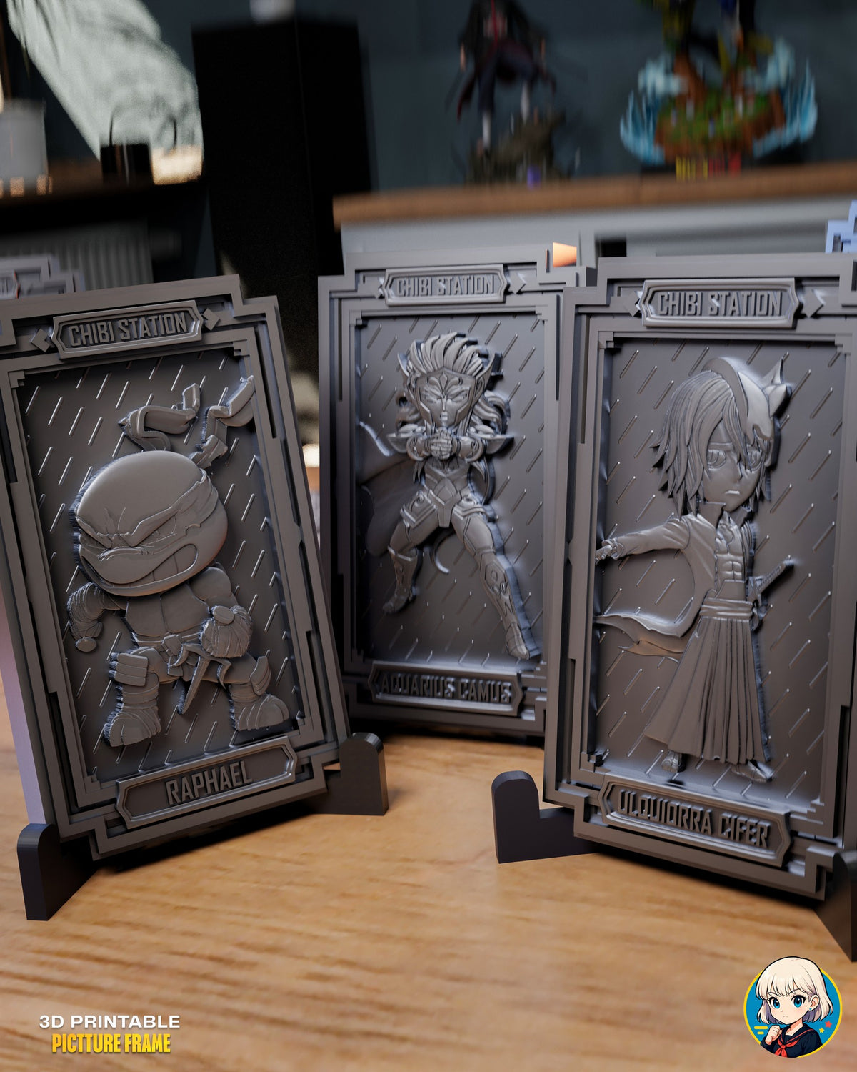 Sculptor's render (kit ships unpainted): the masked turtle, the armored warrior and the pale swordsman plaques on their stands