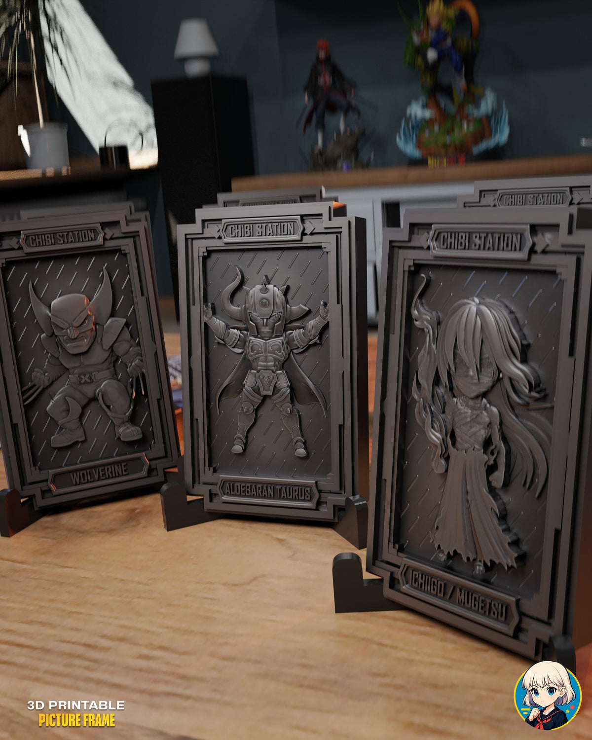 Sculptor's render (kit ships unpainted): the clawed brawler, the horned-helmet armored warrior and the long-haired figure plaques standing on their stands on a wooden table