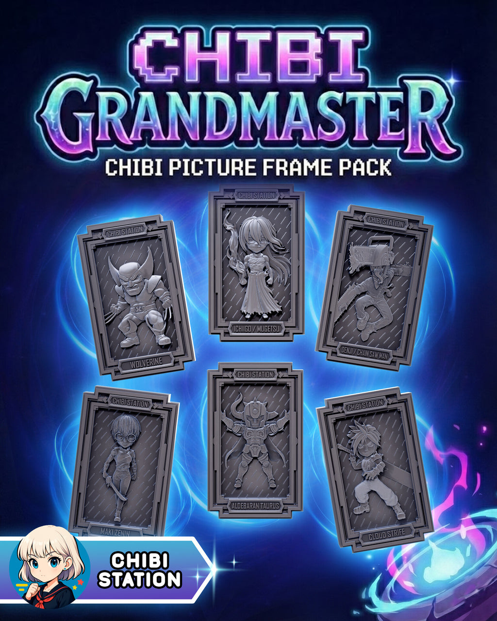 Sculptor's render (kit ships unpainted): all six chibi relief plaques, the clawed brawler, the long-haired figure, the chainsaw-headed fighter, the short-haired swordswoman in round glasses, the horned-helmet armored warrior and the spiky-haired swordsman, under the studio's pack title card