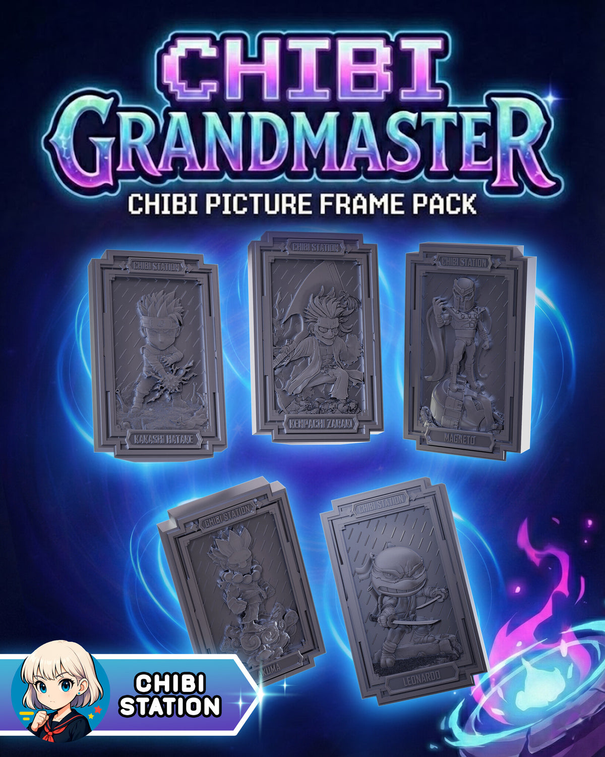 Sculptor's render (kit ships unpainted): all five chibi relief plaques in their frames under the studio's pack title card