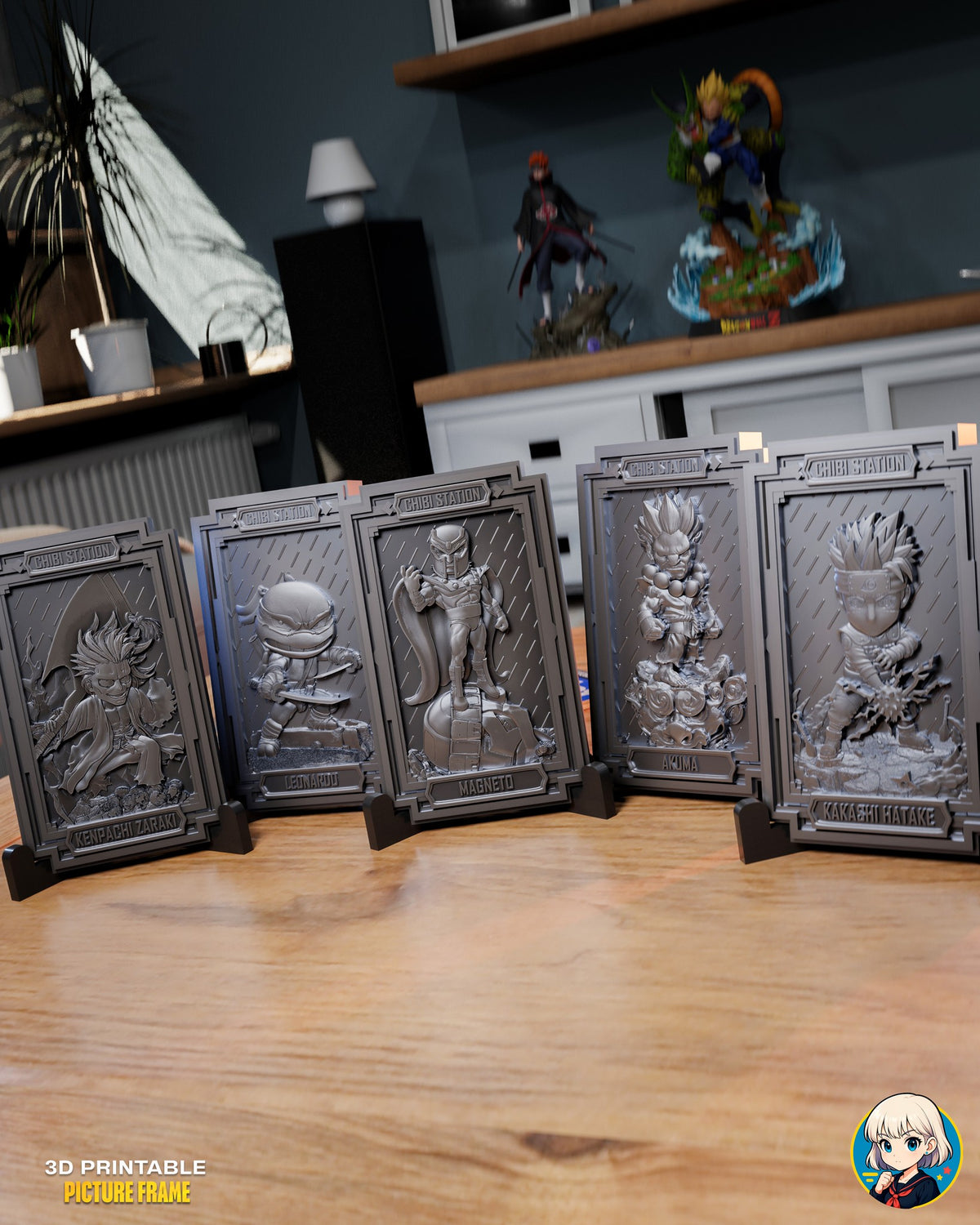 Sculptor's render (kit ships unpainted): all five framed plaques standing in their black display stands in a row on a wooden table