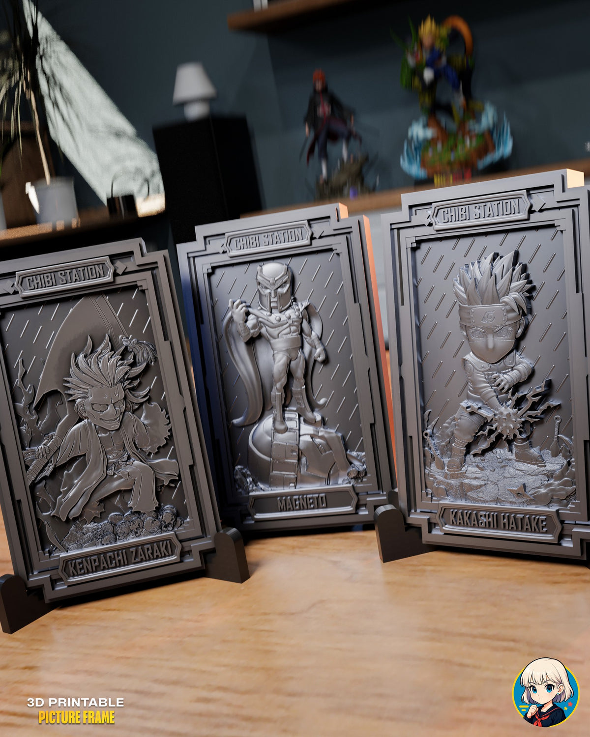 Sculptor's render (kit ships unpainted): the grinning swordsman, the caped helmeted villain and the lightning ninja plaques on their stands