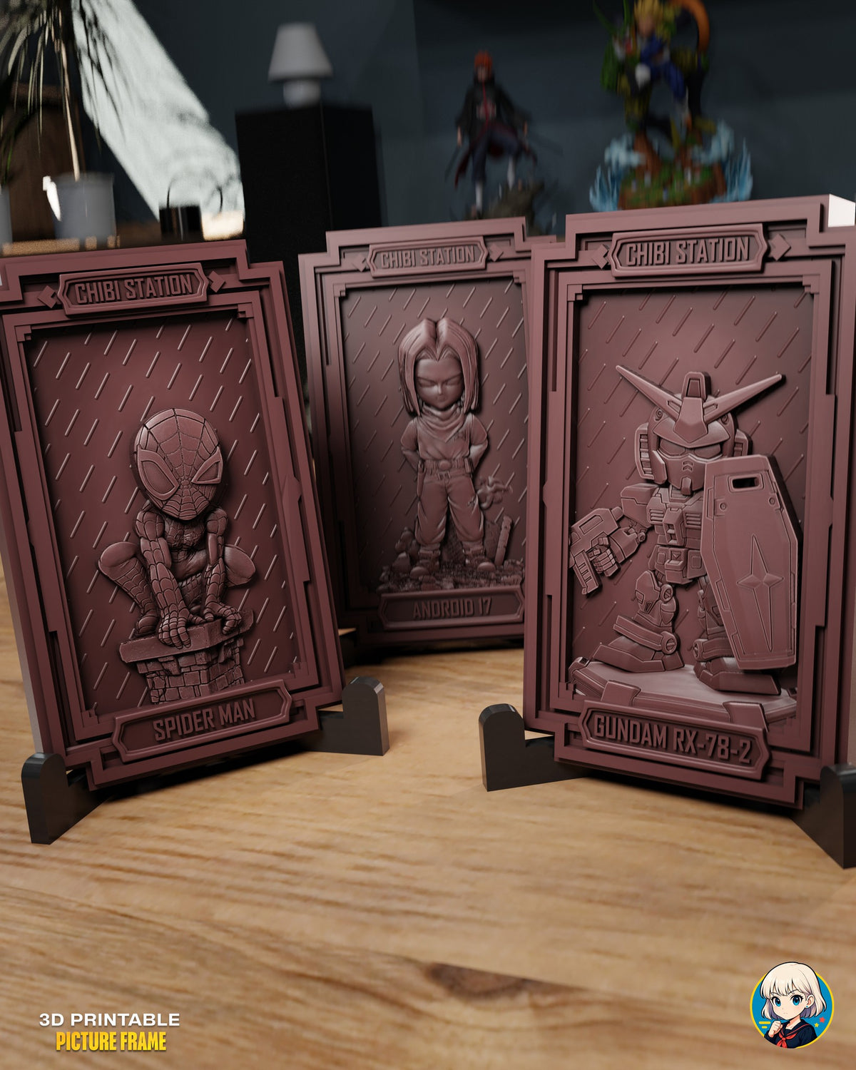 Sculptor's render (kit ships unpainted): the web-masked hero, the scarf-wearing young man and the mecha robot plaques standing in black display stands on a wooden table