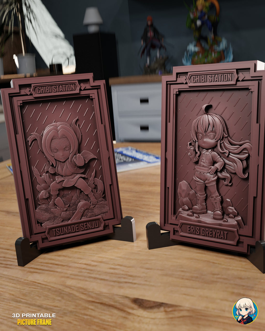 Sculptor's render (kit ships unpainted): the pigtailed fighter and the long-haired girl plaques standing in black display stands on a wooden table