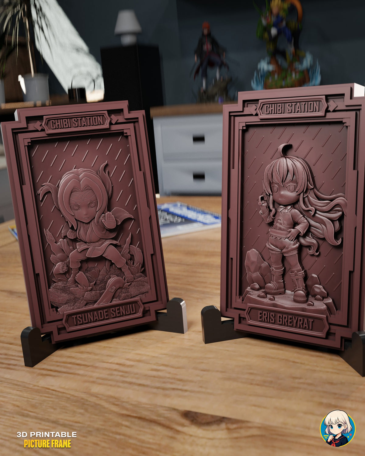 Sculptor's render (kit ships unpainted): the pigtailed fighter and the long-haired girl plaques standing in black display stands on a wooden table