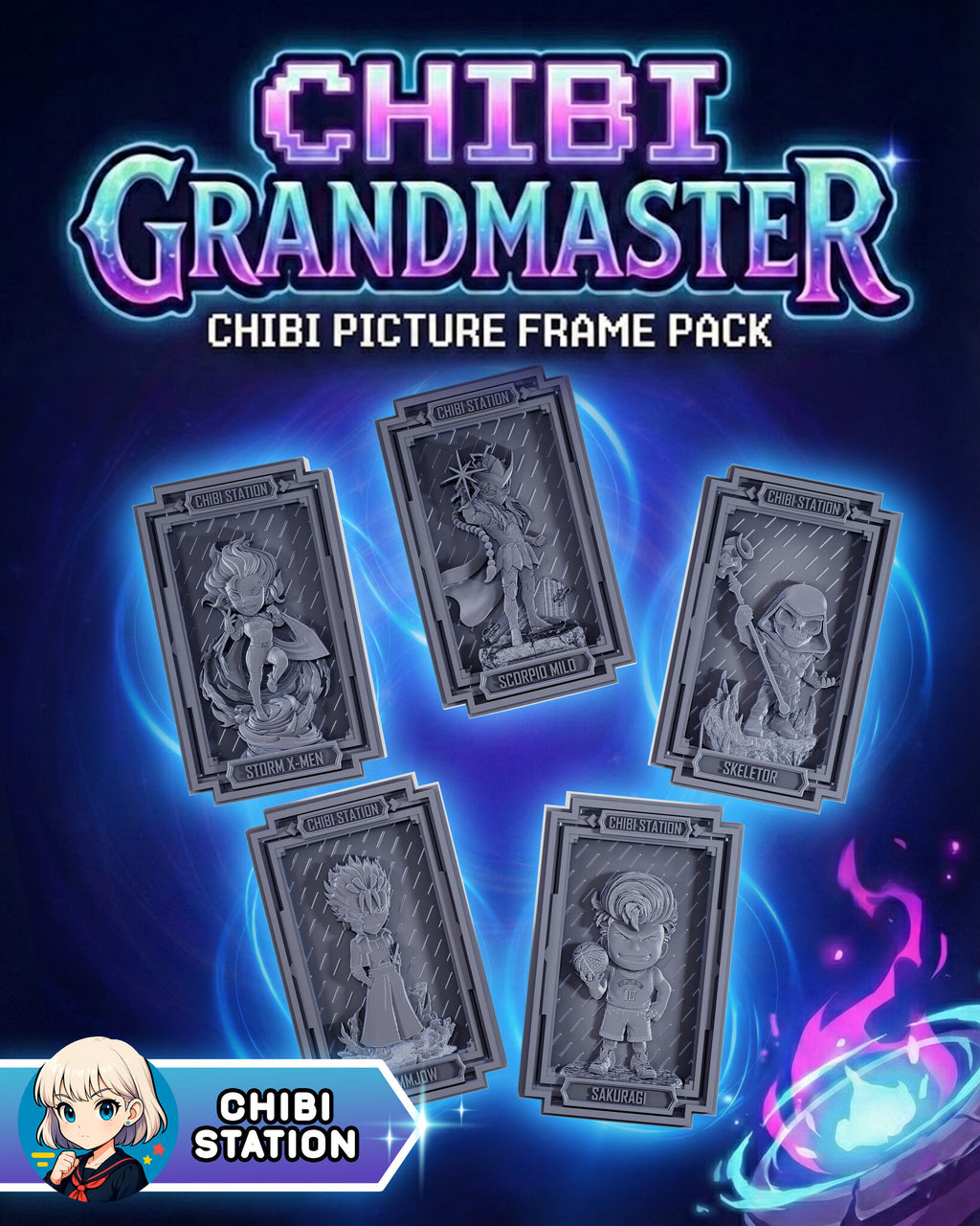 Sculptor's render (kit ships unpainted): all five chibi relief plaques in their frames under the studio's pack title card