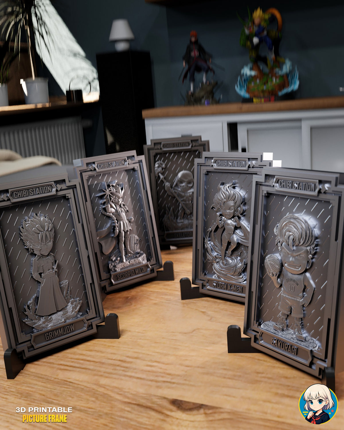 Sculptor's render (kit ships unpainted): all five framed plaques standing on their black display stands on a wooden table