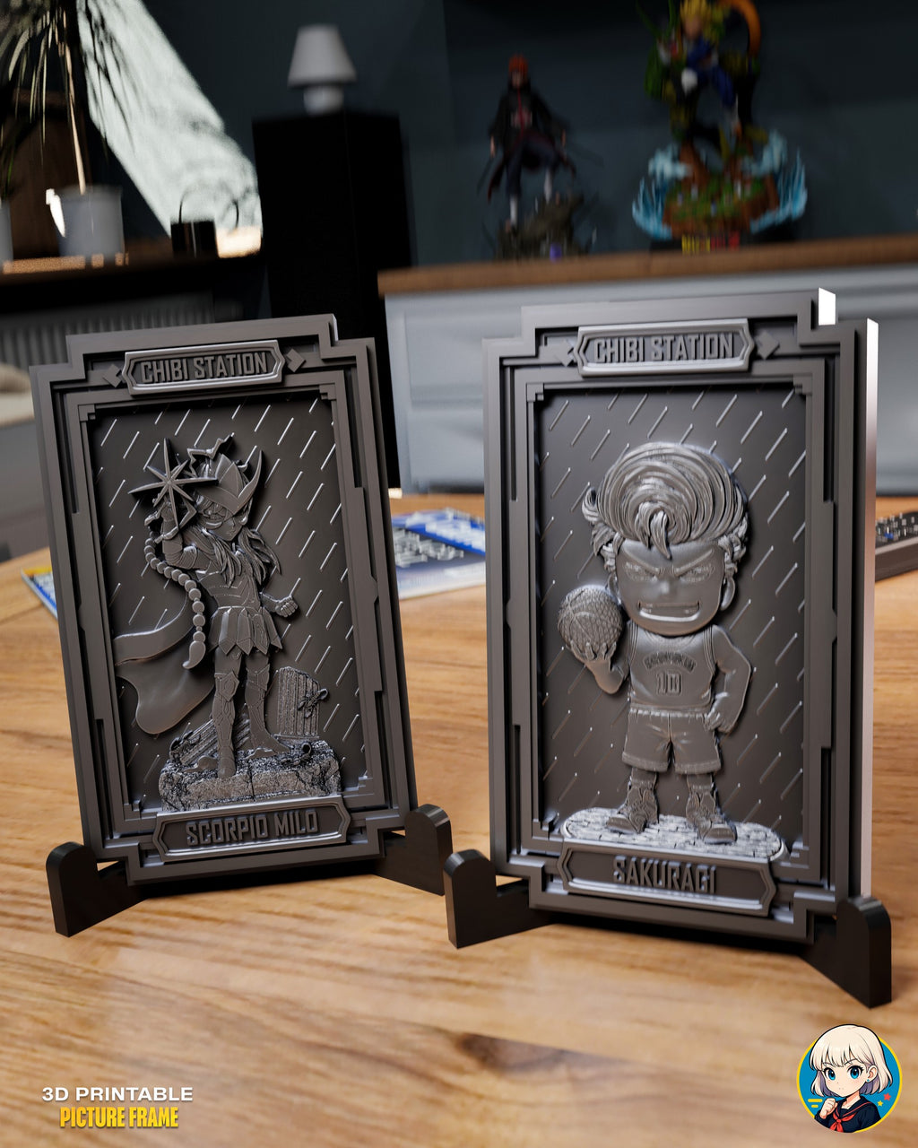 Sculptor's render (kit ships unpainted): the armored warrior and the basketball player plaques side by side on their stands