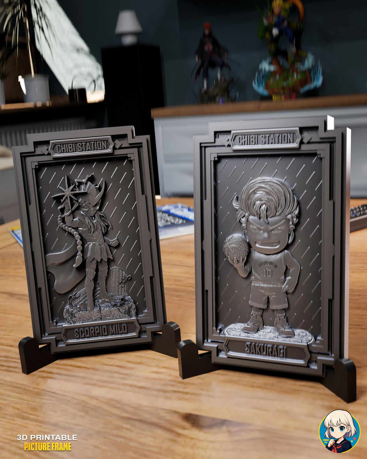 Sculptor's render (kit ships unpainted): the armored warrior and the basketball player plaques side by side on their stands