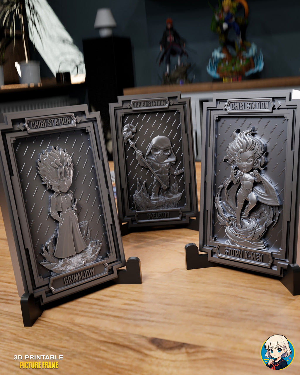 Sculptor's render (kit ships unpainted): the spiky-haired swordsman, the hooded skull sorcerer and the whirlwind heroine plaques on their stands
