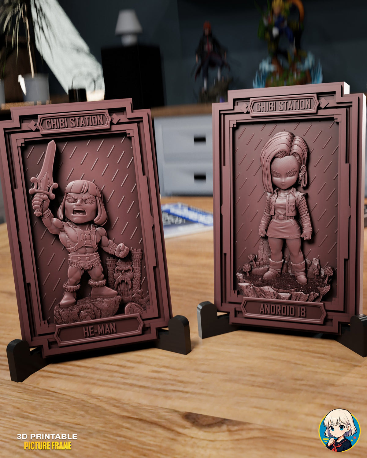 Sculptor's render (kit ships unpainted): the sword barbarian and vest brawler plaques standing in their black display stands on a wooden desk