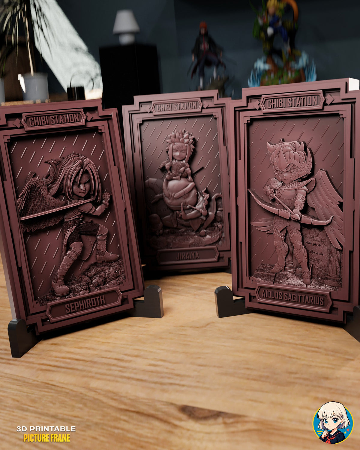 Sculptor's render (kit ships unpainted): the winged swordsman, toad rider and winged archer plaques in their display stands on a wooden desk