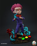 Sculptor's render of the painted design (kit ships unpainted): front three-quarter view with the flame-wrapped fist, in a guard on the broken street base, with the hydrant and the fallen traffic light
