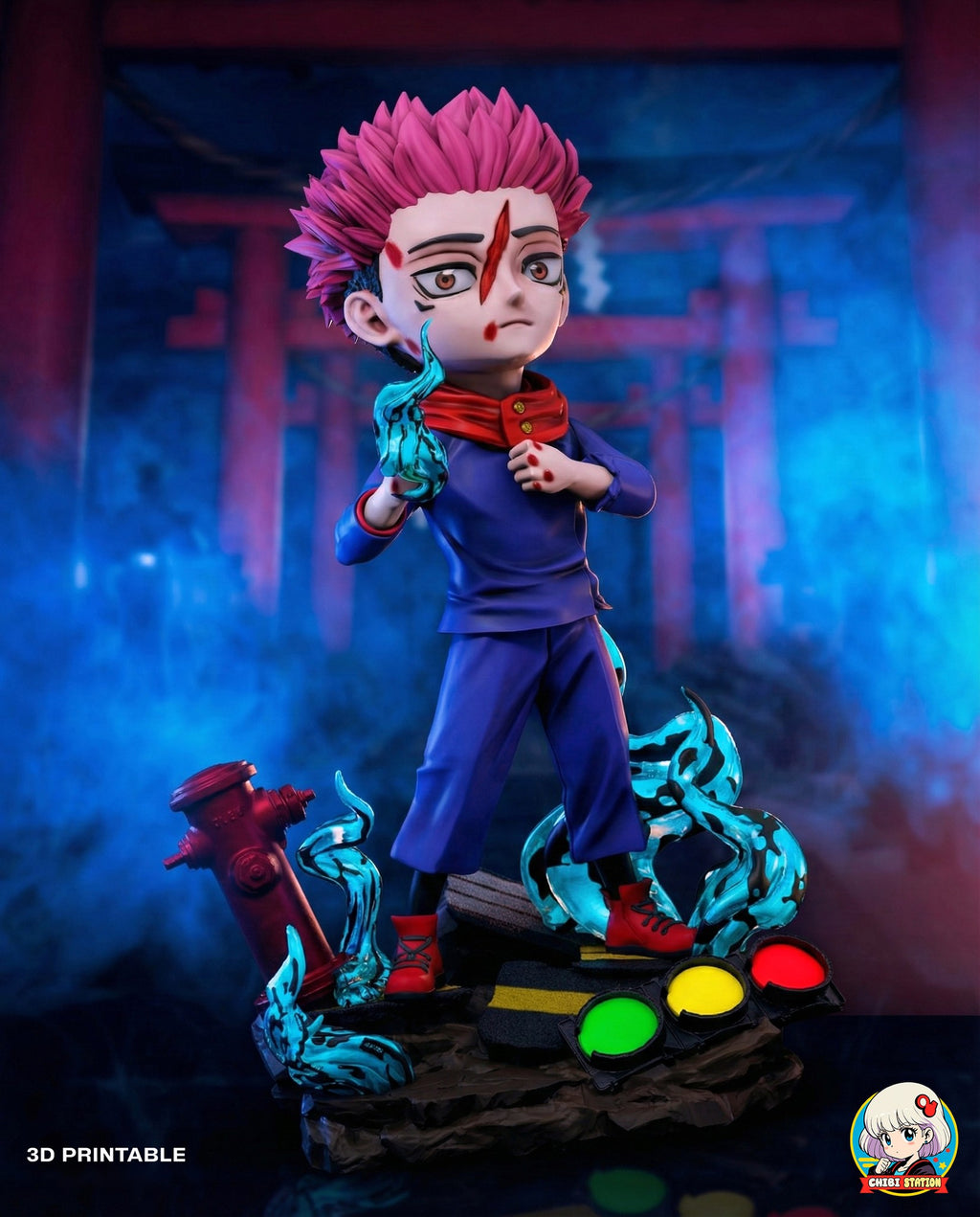 Sculptor's render (kit ships unpainted): the figure with the flame-wrapped fist in front of red gates in blue fog