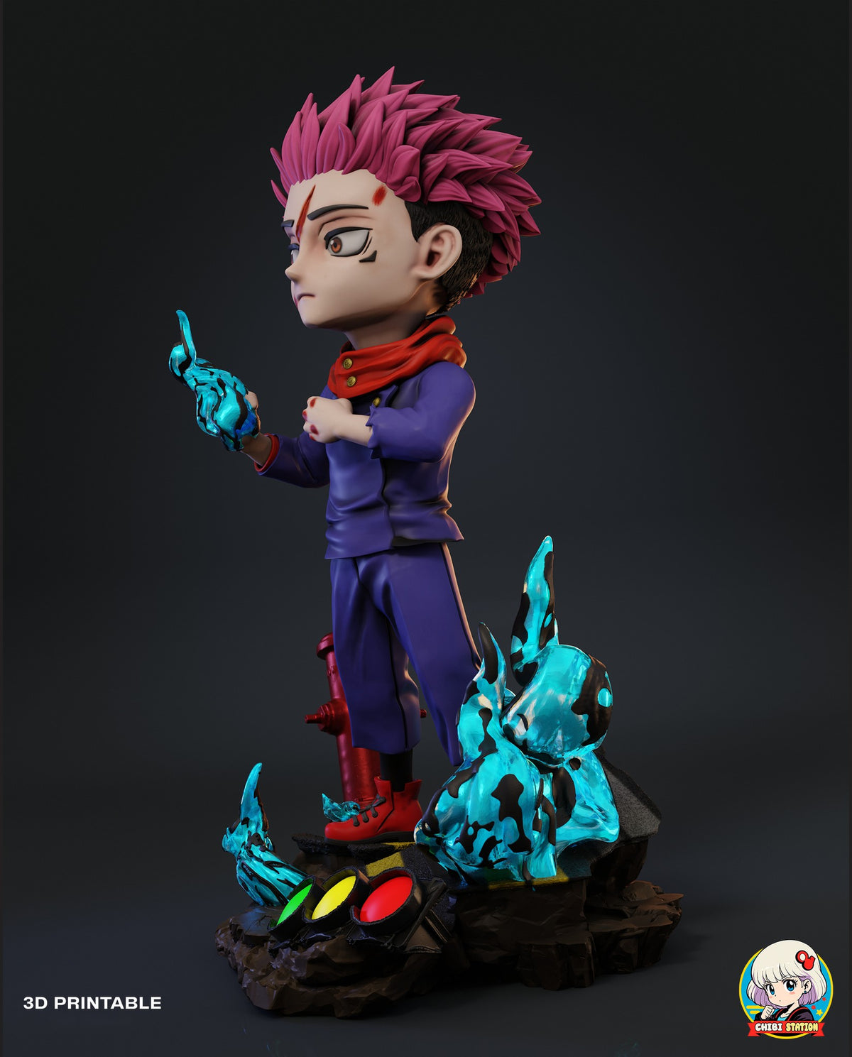 Sculptor's render (kit ships unpainted): view from his left with the flame-wrapped fist raised and a large cyan flame curling behind his leg